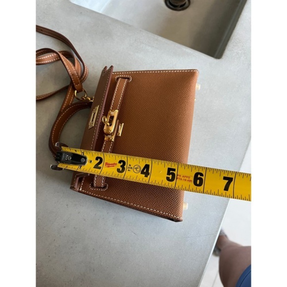 Brown Genuine Leather Mini Top Handle Crossbody Bag Gold Hardware Classic Chic - Picture 10 of 12